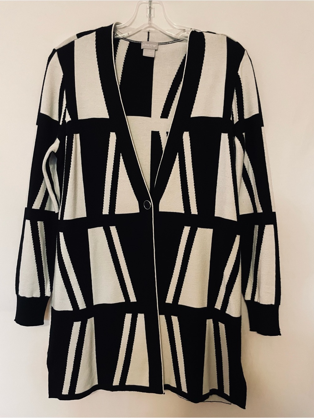Chico's Black and White Geometric Open Cardigan